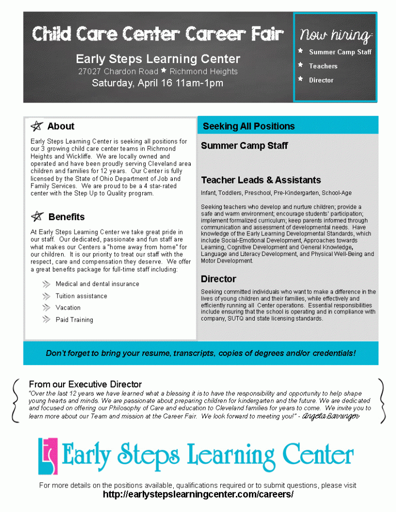 Early Steps Learning Center Career Fair April 2016 Flyer